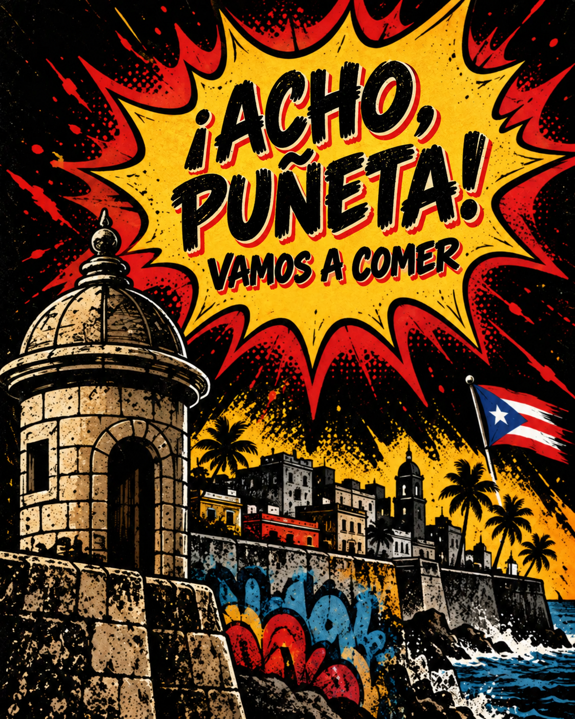 Puerto Rican comic art with a garita and the words Acho Puñeta, Vamos a Comer