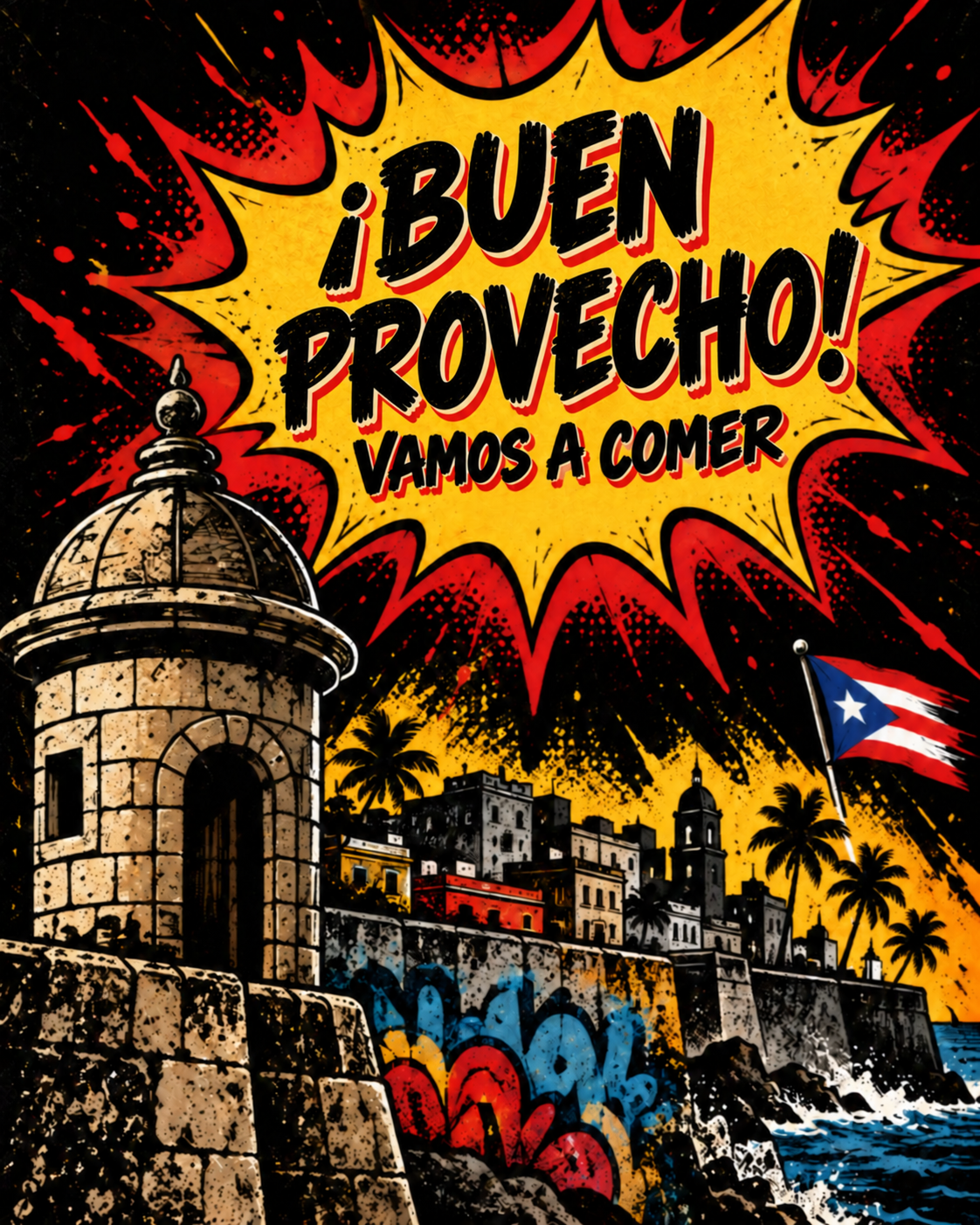 Boricua comic art with the words Buen Provecho